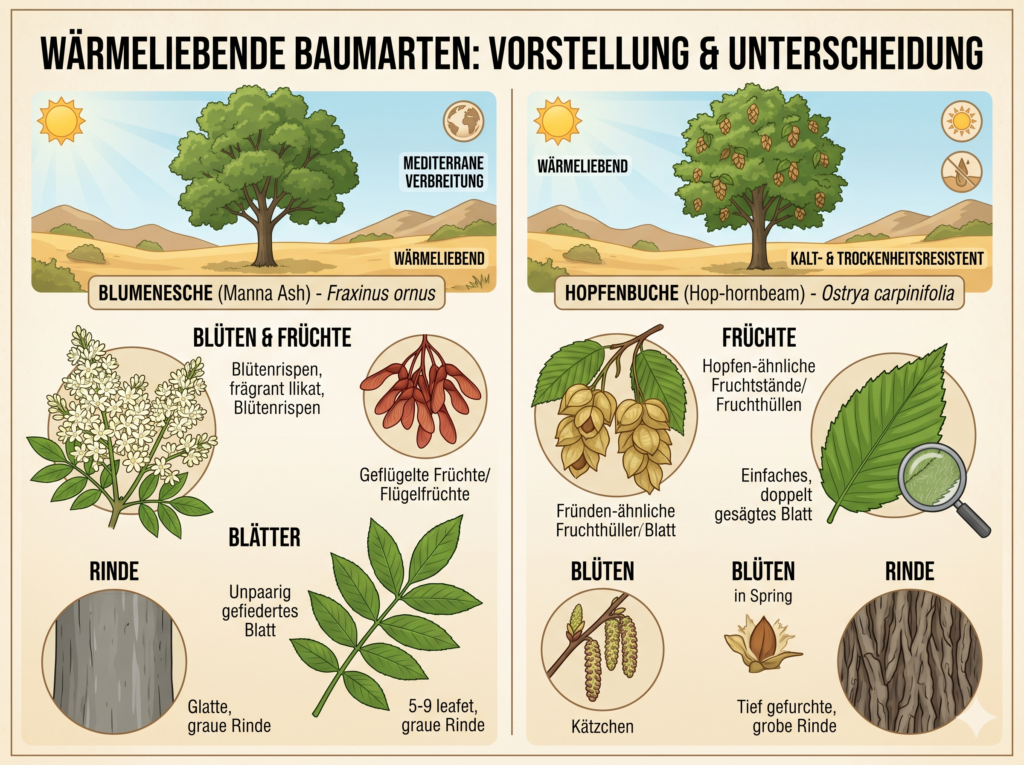 Blumenesche und Hopfenbuche