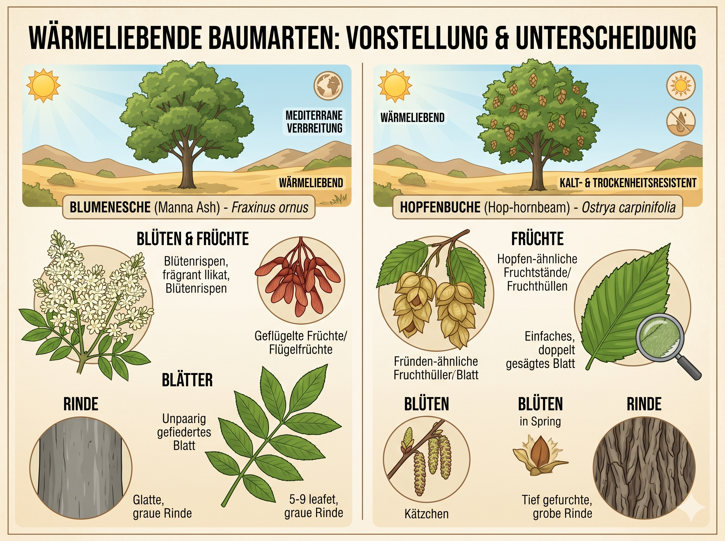 Blumenesche und Hopfenbuche